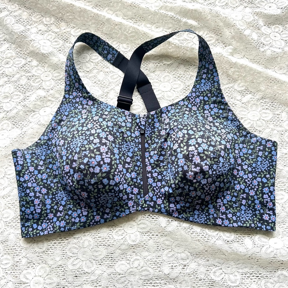 Knix Women's High Support Catalyst Front Zip Sports Bra Blue Floral size 8